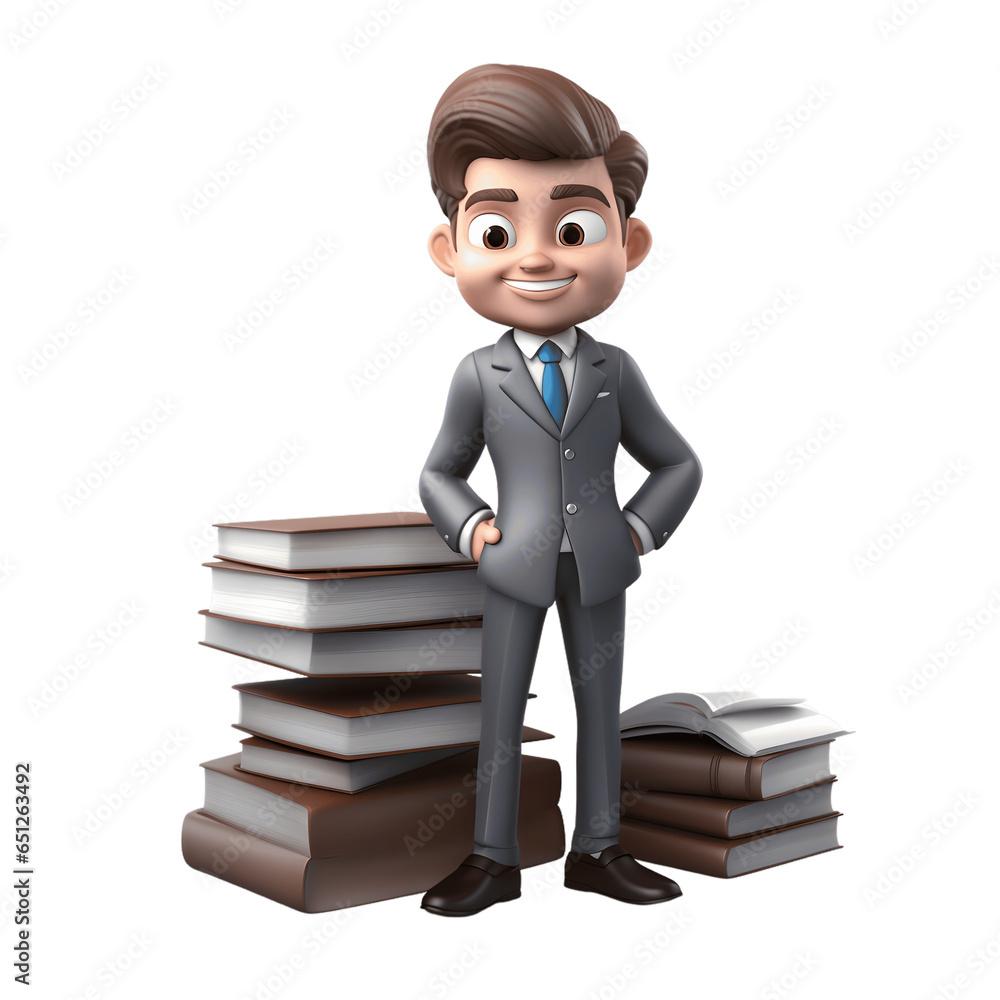 3D Cartoon Attorney Character with Law Books on Transparent Background 3D Cartoon Attorney Character with Law Books on Transparent Background