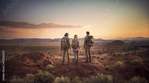 adventure travelers standing on top of a rock admiring the landscape