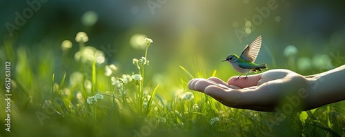 the hands of a child are on a green grass holding a bird Generative AI © sean