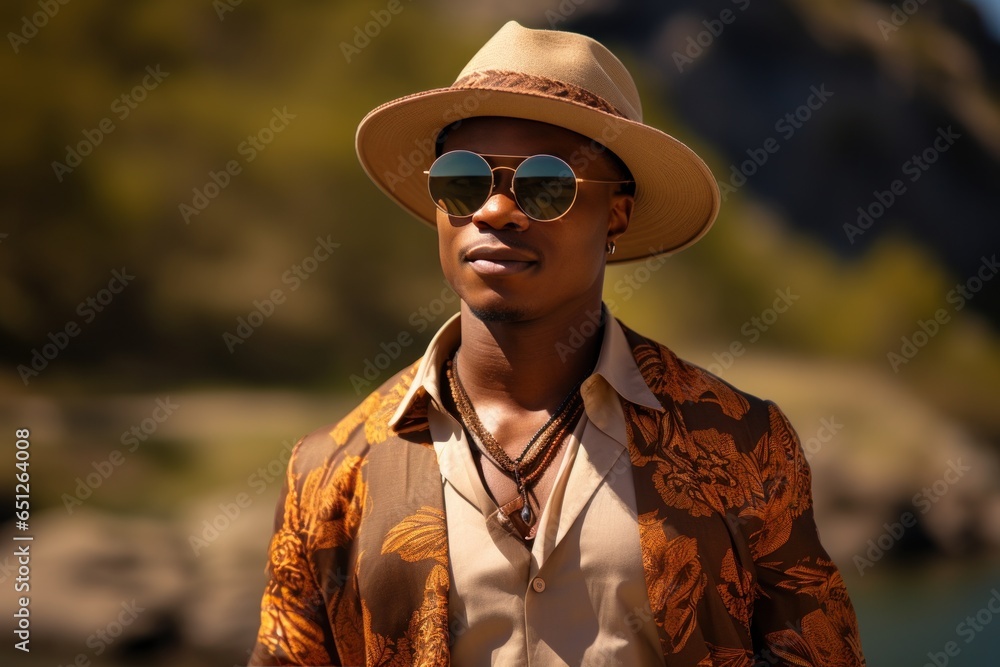 A man wearing a hat and sunglasses stands next to a body of water. This image can be used for various purposes, such as vacation destinations, outdoor activities, or travel advertisements.