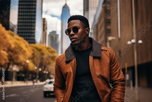 A picture of a man wearing a brown jacket and sunglasses walking on a busy city street. This image can be used to depict urban lifestyle, fashion, or a modern cityscape.