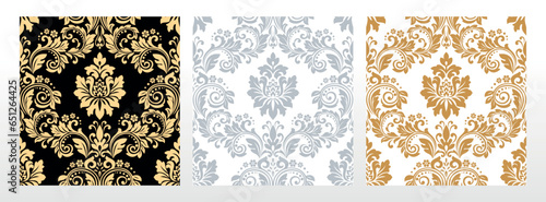 Wallpapers in the style of Baroque. Seamless vector backgrounds. Set of colored floral ornaments. Graphic patterns for fabric, wallpaper, packaging. Ornate Damask flower ornaments