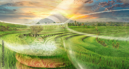 Tibetan bowl sound healing retreat in Bali Ubud indonesia sunset rice field landscape 