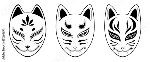 Set of Kitsune fox mask vector illustration, isolated on white background. Japanese traditional mask. Traditional japanese demon. Tattoo print. Black and white illustration.