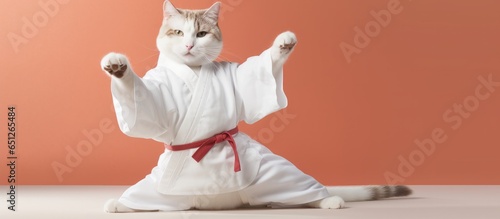 Funny cat in white kimono exercising yoga or Asian martial art