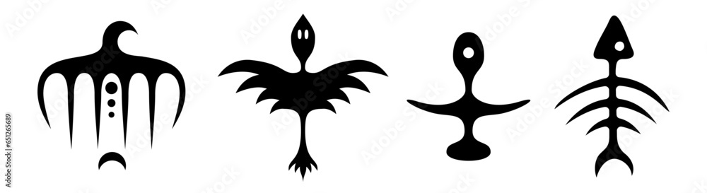 Set of abstract symbols. Ethnic signs. Icon set. Birds, statuette, fish bone. Logo collection. Animal logos. Black shapes with ethnic influence isolated on white background.Vector illustration. Set of abstract symbols. Ethnic signs. Icon set. Birds, statuette, fish bone. Logo collection. Animal logos. Black shapes with ethnic influence isolated on white background.Vector illustration.