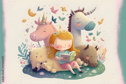kids and animals in beautiful dream world playing pastel colors beautiful children book illustration cute characters happy mood 
