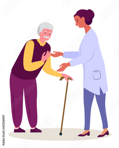 Care services for seniors. Nurse or volunteer worker taking care of elderly disabled man with walking stick. Vector flat illustration. Healthcare and social support concept