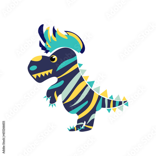 Cute multicolored striped dinosaur with colorful mohawk. One from the collection for kids. Vector illustration