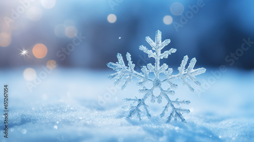Winter background with snowflake closeup and copy space. AI