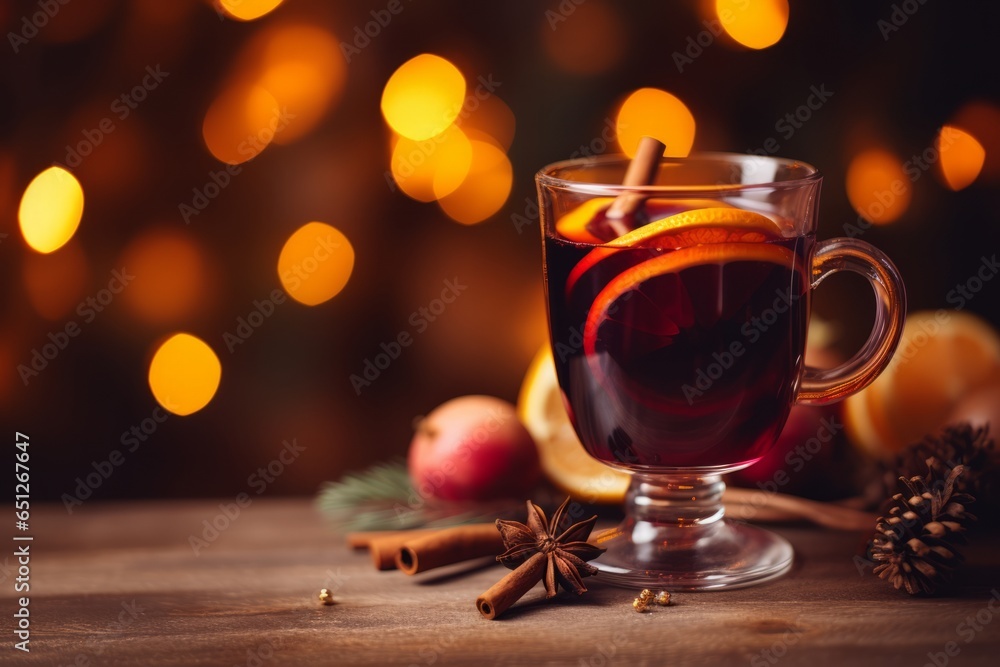 Mulled wine close-up with bokeh garland light Mulled wine close-up with bokeh garland light