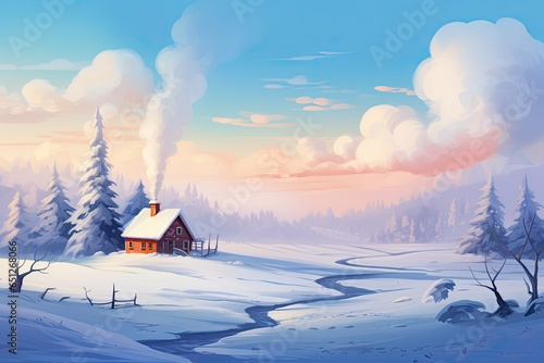 Winter landscape with a cozy house and a smoking chimney © PinkiePie