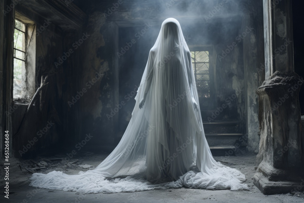 Ethereal female wraith in white haunting a ruined house. Bride. Halloween concept - obrazy, fototapety, plakaty 
