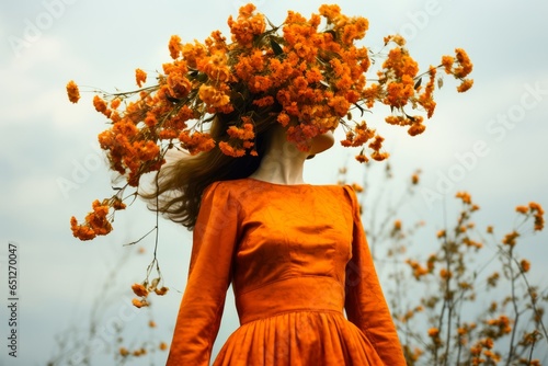 portrait d'une femme cachée derrière des fleurs oranges.