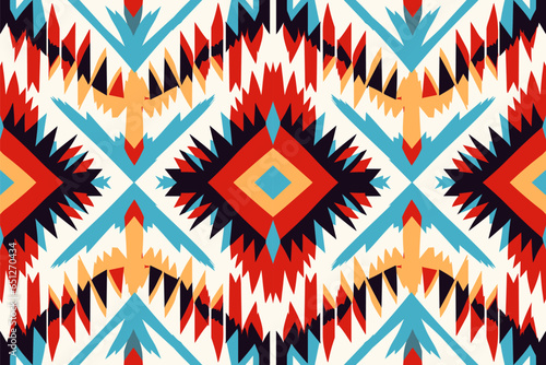 Geometric Ikat tribal seamless pattern, Vibrant ethnic motif textile print.