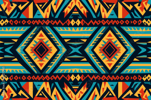 Geometric Ikat tribal seamless pattern, Vibrant ethnic motif textile print.