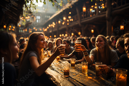 group of young people having fun and drinking beer in a pub at the Oktoberfest festival