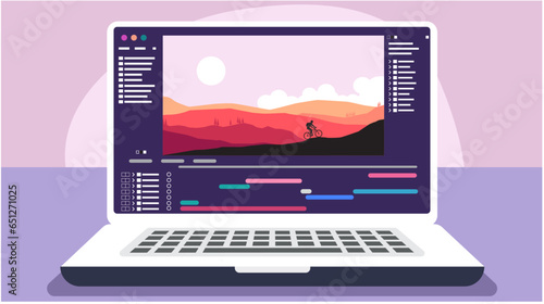 laptop with video processing editor. Video editing software on the monitor display.