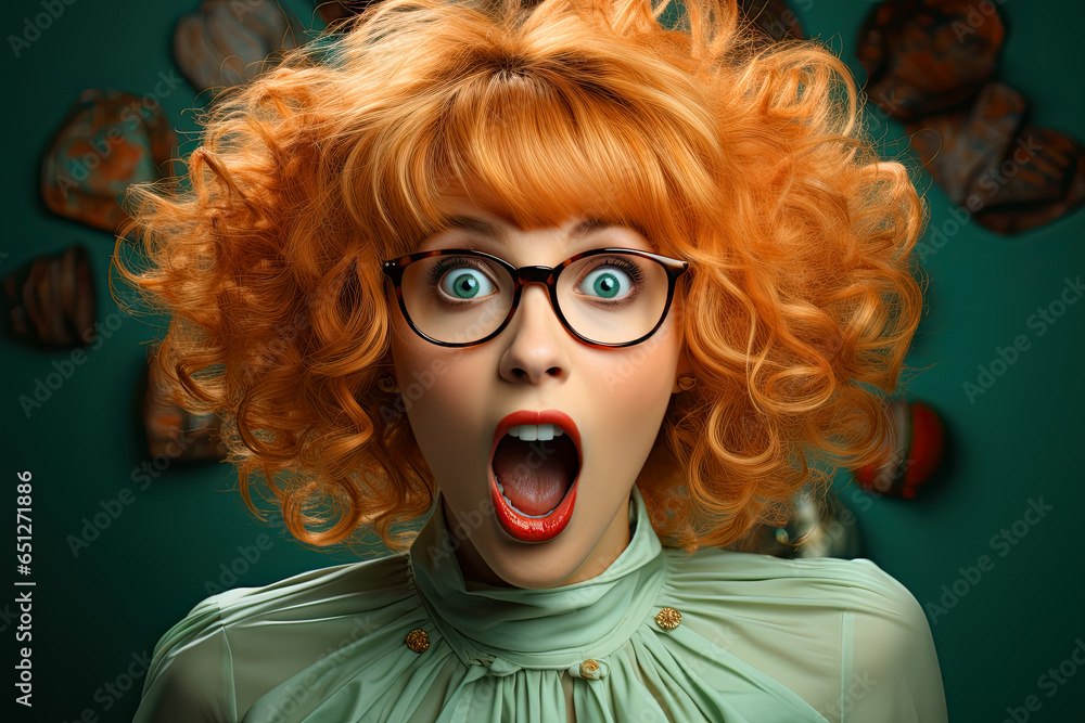 Woman wearing glasses and blonde wig surprised with eyeglasses on green background