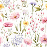 pattern of wildflowers in watercolor style, with soft colors and delicate brushstrokes, on a white background 05