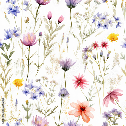 pattern of wildflowers in watercolor style, with soft colors and delicate brushstrokes, on a white background 01 © Nicolas