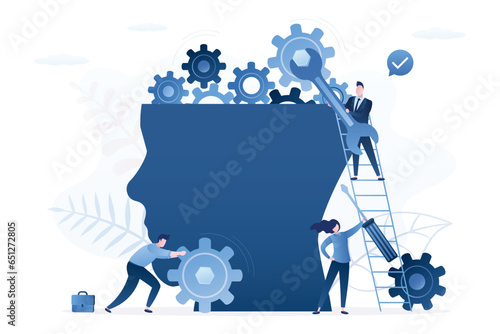 Psychological therapy concept. Psychologists characters with repair tools and gears near silhouette of head. Self training, creative and logical processes, brain research. Support,