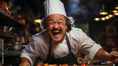 Exuberant chef in euphoria, delight visible on wide joyful smile. Culinary expert overjoyed amidst kitchen utensils with whisk, emblem of jubilant gastronomy.
