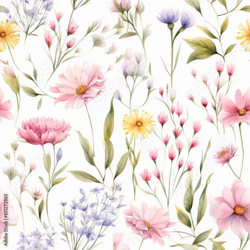 pattern of wildflowers in watercolor style, with soft colors and delicate brushstrokes, on a white background 05