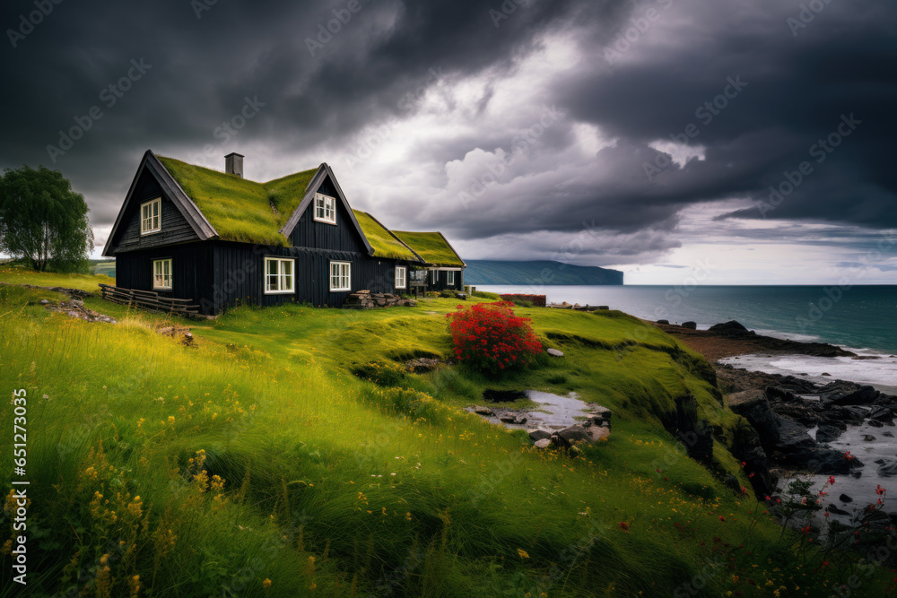 maison de style nordique dans les fjords en bois noir fenêtres blanches et toit végétalisé au bord de mer sous un ciel d'orage maison de style nordique dans les fjords en bois noir fenêtres blanches et toit végétalisé au bord de mer sous un ciel d'orage
