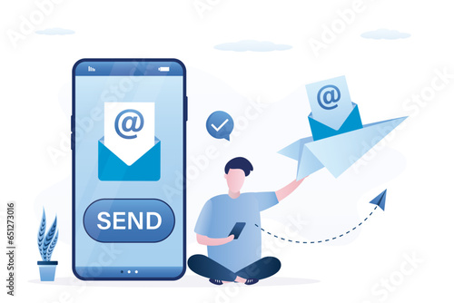 User send paper airplane to sky, email marketing, promotion company. Business correspondence using mobile phone. Corporate mail management. Businessman doing spam mailing,