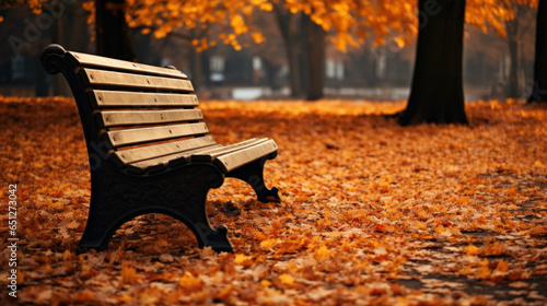 banc public dans un parc entouré de feuilles mortes au mois de novembre en automne photo