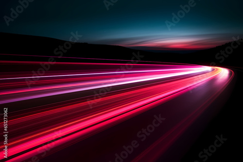 Neon light trail on highway in the night sky, red and pink, slow motioned light trail. Generative AI