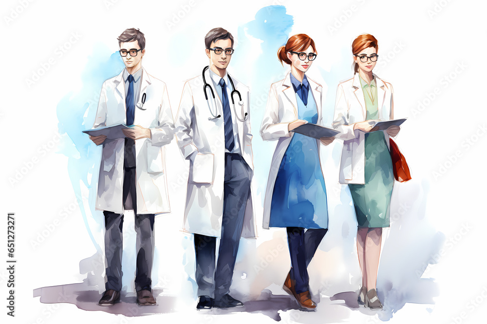 doctors wearing there equipment's and working in hospitals , water color art style, white solid color background. Generative Ai doctors wearing there equipment's and working in hospitals , water color art style, white solid color background. Generative Ai