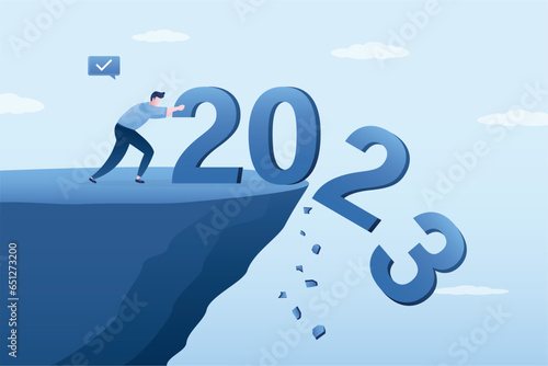 businessman throws numbers 2023 off cliff into abyss. The end of bad year, celebration of new year 2024. Hope for best, motivation, forecasting. Summing up business year.