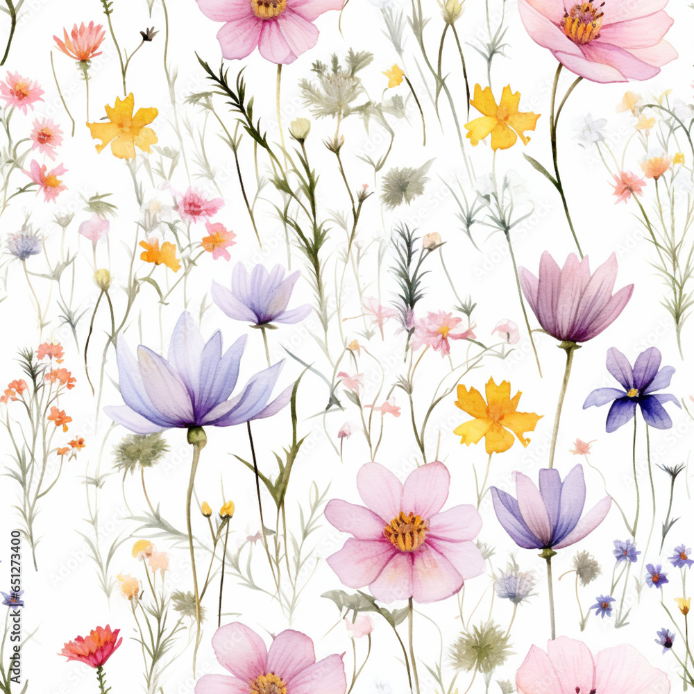 pattern of wildflowers in watercolor style, with soft colors and delicate brushstrokes, on a white background 12