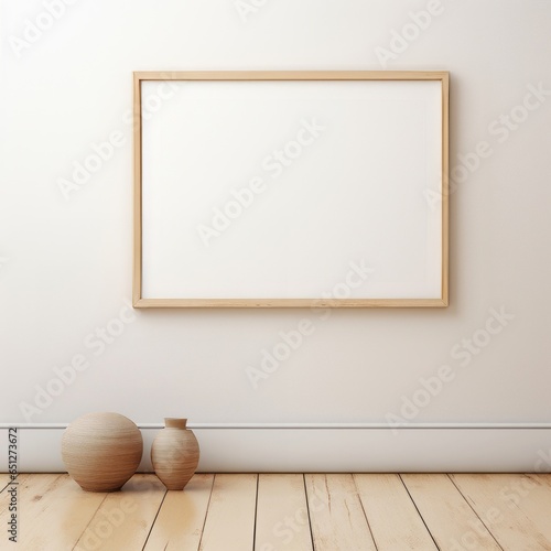 Picture frame mockup, horizontal wodden frame, hanging on a white wall, aspect ratio 4:3, wodden floor, credenza
