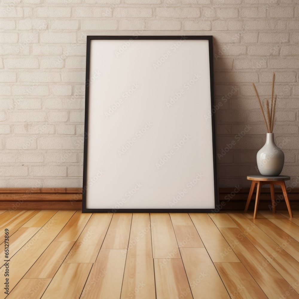 Picture frame mockup, vertical black frame, placed on the floor, leaning against a white brick wall, aspect ratio 3:4, wodden floor
