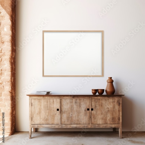 Picture frame mockup, horizontal wodden frame, hanging on a white wall, aspect ratio 4:3, concrete floor, credenza