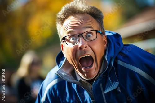 Unforgettable coach in disbelief, his open mouth expressing total shock and astonishment in a riveting display of human emotion.