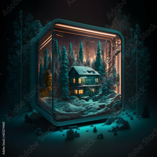 an long path through high snow with footsteps leading to a small cabin with big windows and a cimney in the woods nighttime high details atmospheric115 display case of knolling item teardown  photo