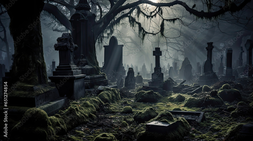 Eerie Fog over a Graveyard