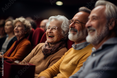 Happy elderly people watching movie in cinema theater. National Grandparents Day, International Day of Older Persons