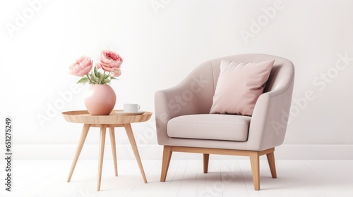Cozy Corner: Stylish Armchair and Coffee Table Isolated on White Background.