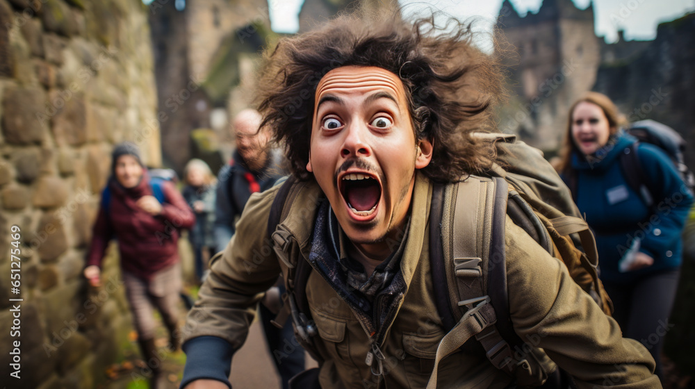 Captivating depiction of a frightened tour guide in Scotland, showcasing wide-eyed fear against the backdrop of a historic castle. Emphasises panic and startled reactions.