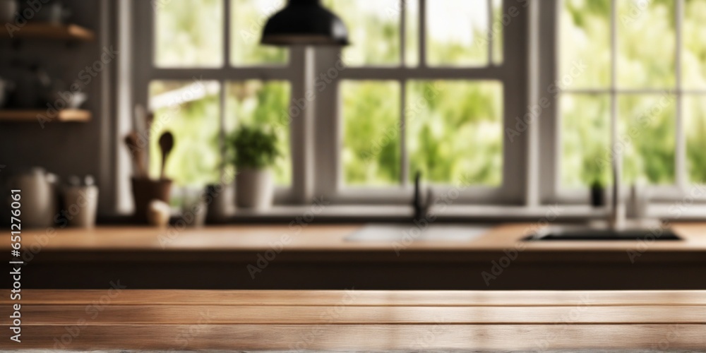 Rustic Wooden Table Surface with Blurred Kitchen Lights Background