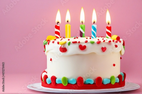 Brightly-hued birthday cake adorned with lit candles. Isolated.