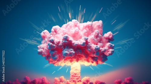 A pink thermonuclear atomic bomb with a soft, Gen Z kitsch aesthetic set against a blue background. This 3D illustration render showcases a digital rendering of the explosive concept