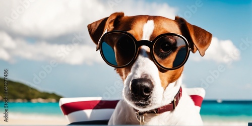 Fototapete jack russell terrier dog with sunglasses sunbathing on sun lounger