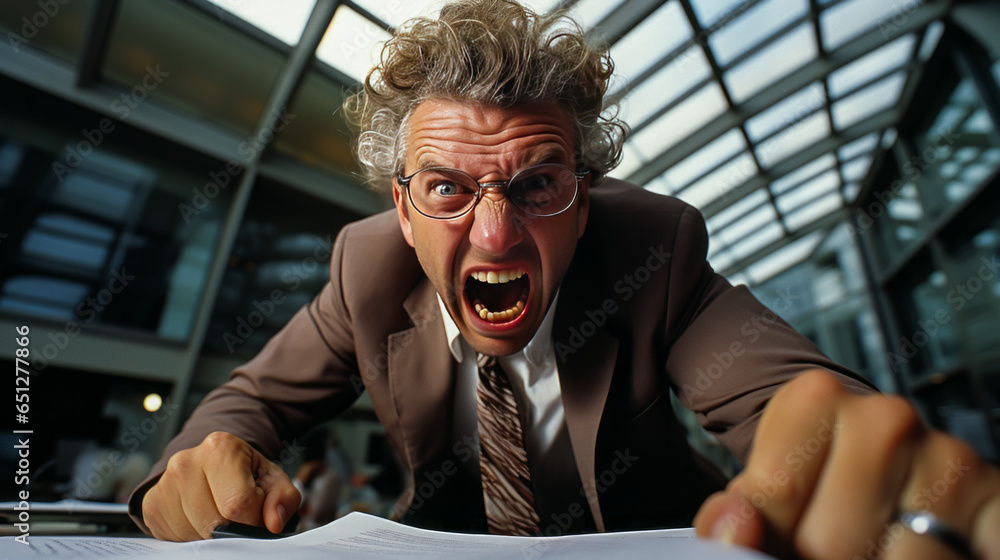 Gripping portrait of an infuriated banker, red-faced with rage ...
