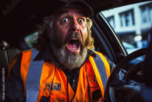Stunning shocked delivery driver, mouth agape in surprise with an air of disbelief. Emotionally striking with courier van and parcel evident in background.